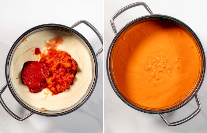 Tomato pasta and diced tomatoes are mixed with the roux.