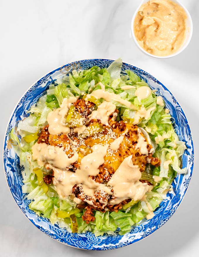 Top view of a serving of Big Mac Casserole made with Keto Big Mac Sauce.