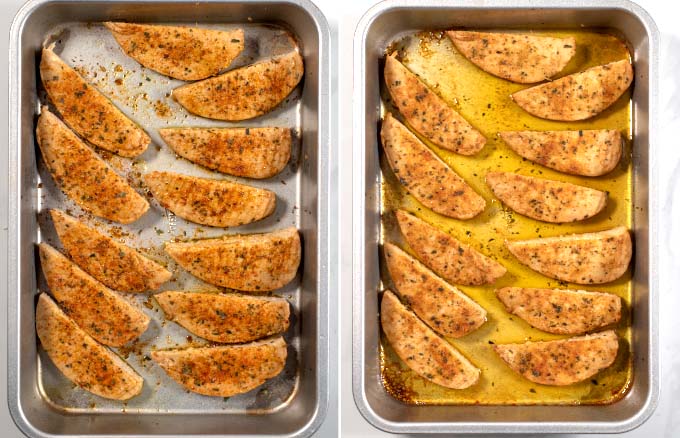 Side-by-side view showing the seasoned chicken tenders in a casserole dish before and after baking in the oven.