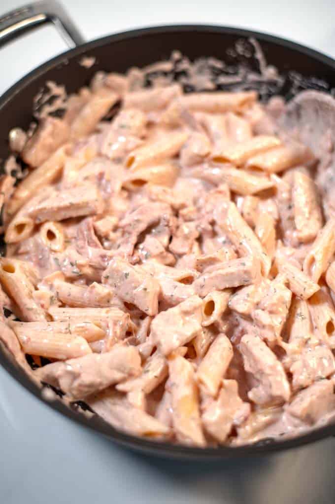 Closeup of Chicken Bacon Ranch Pasta.
