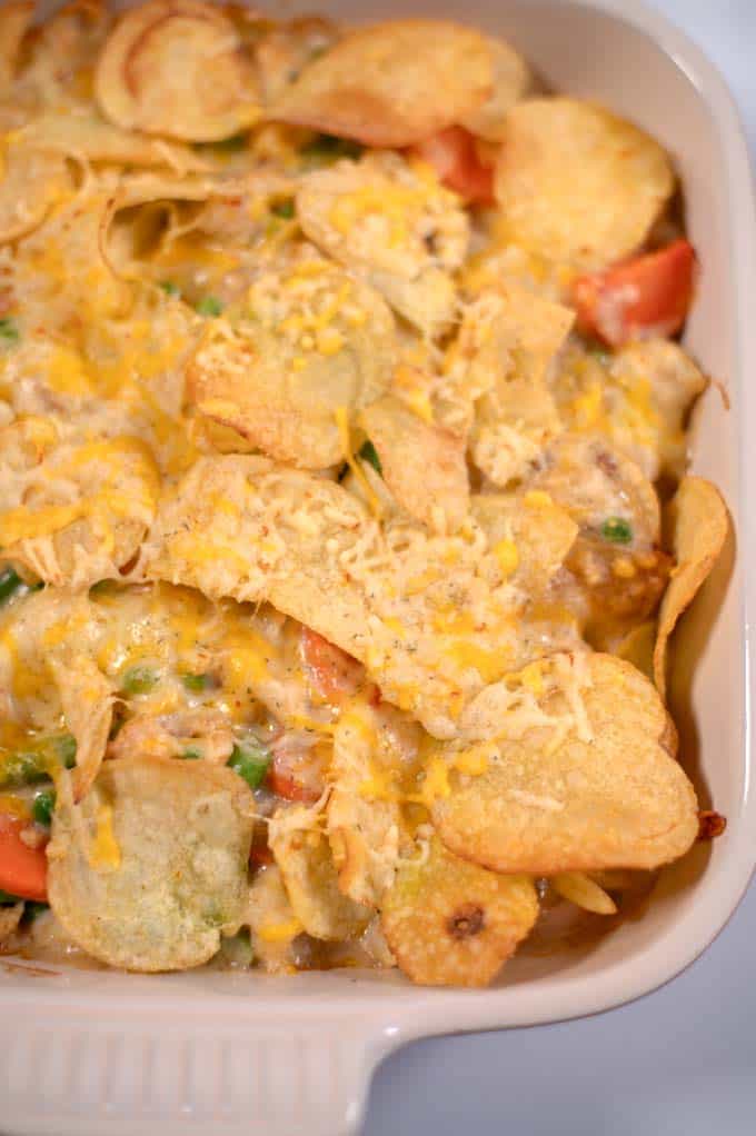 Closeup of the ready Potato Chip Casserole.