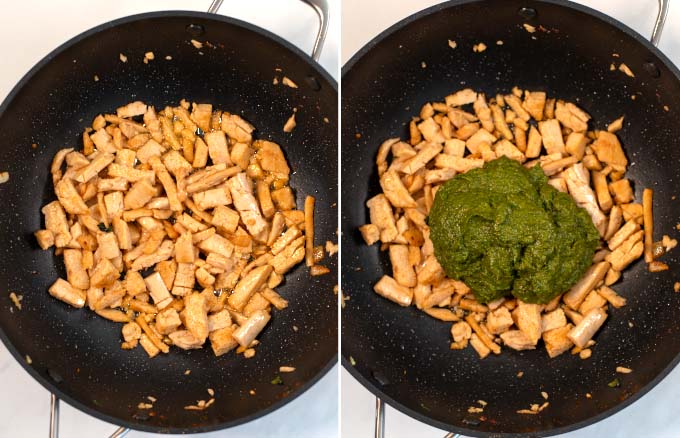 Vegan chicken is fried and then mixed with spinach puree.
