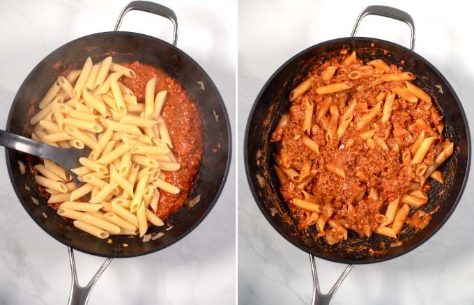 Step-by-step guide showing how pasta is mixed with there sauce.