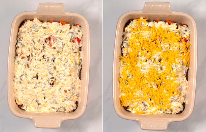 Sour cream topping and vegan cheddar cheese is given on top of the casserole.