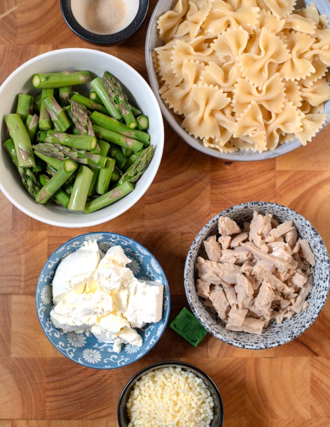 Ingredients needed fr making Chicken Asparagus Casserole.