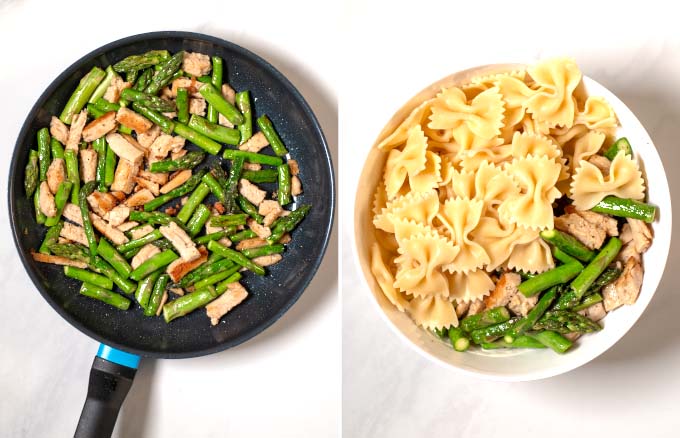 Fried asparagus and chicken is combined with pasta and creamy sauce.