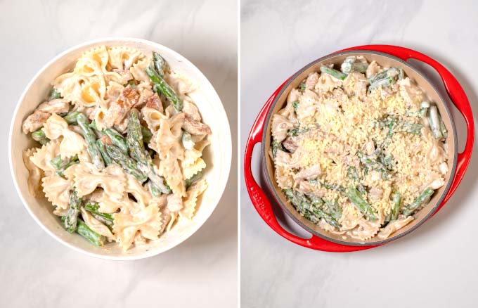 Chicken Asparagus Casserole is transferred to a casserole dish.