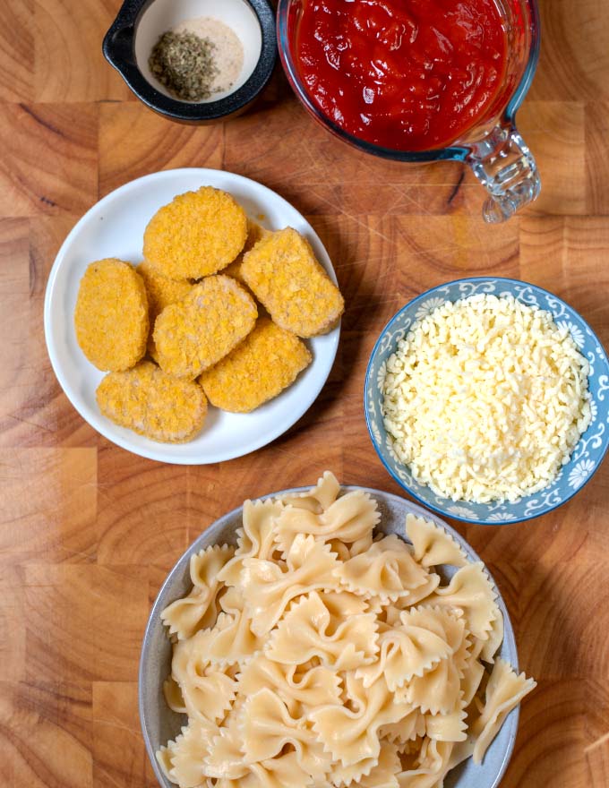 Ingredients needed to make Chicken Nugget Casserole.