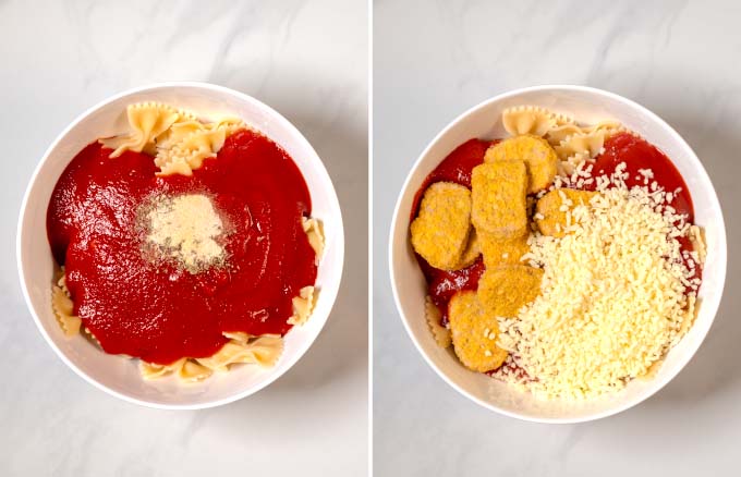 Side-by-side view of a large mixing bowl showing the combination of ingredients.