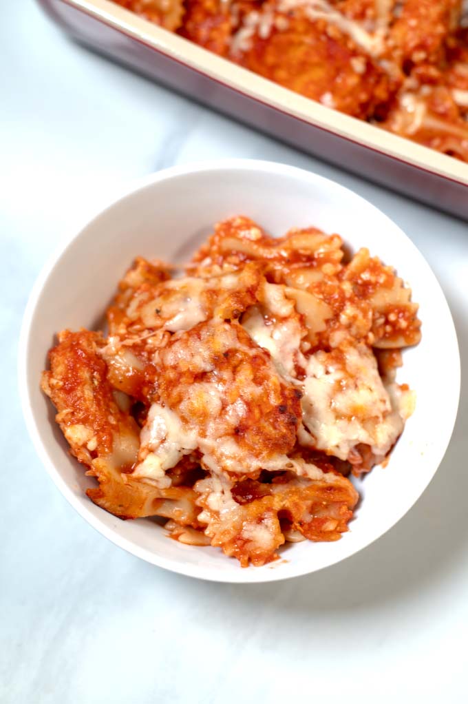 Closeup on a serving of Chicken Nugget Casserole.