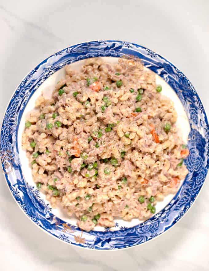 A serving of Cold Tuna Noodle Casserole.