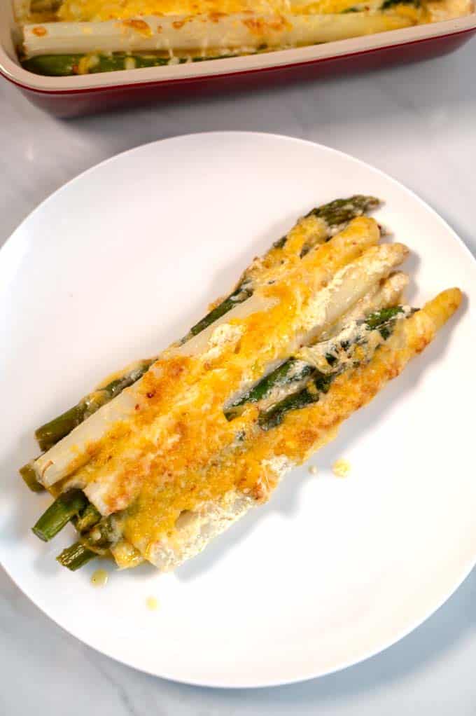 Closeup of a serving of Keto Asparagus Casserole.
