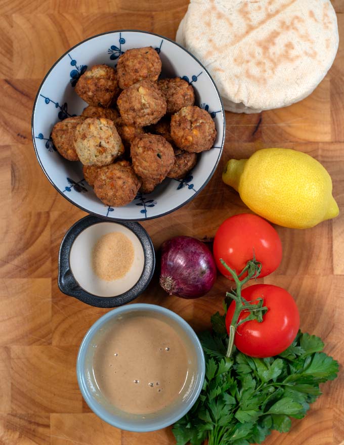 Ingredients needed for making Falafel Pita Sandwich.