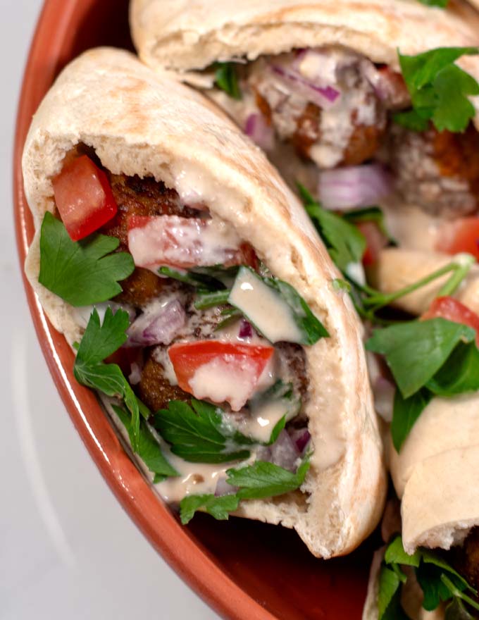 Closeup of a Falafel Pita Sandwich.