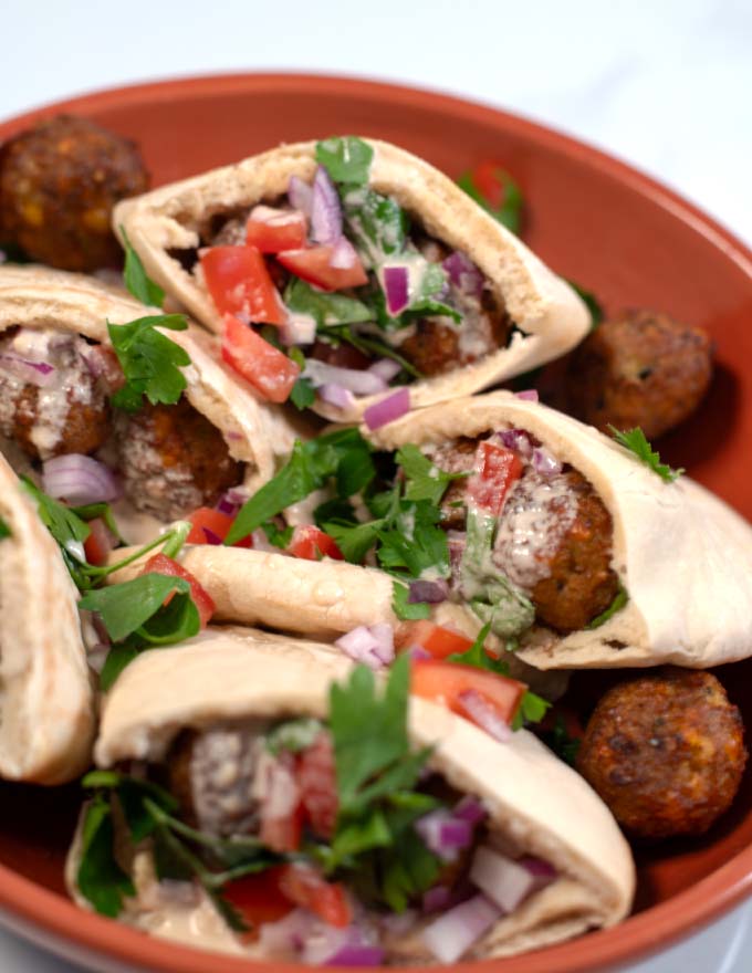Closeup of Falafel Pita Sandwich.