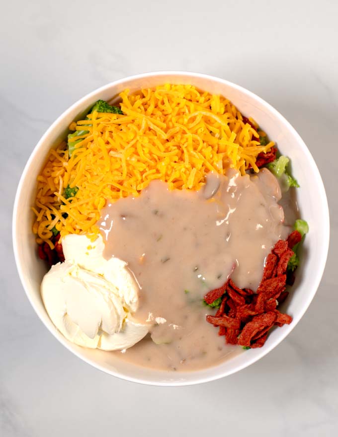 Mixing bowl with cream of mushroom soup added.