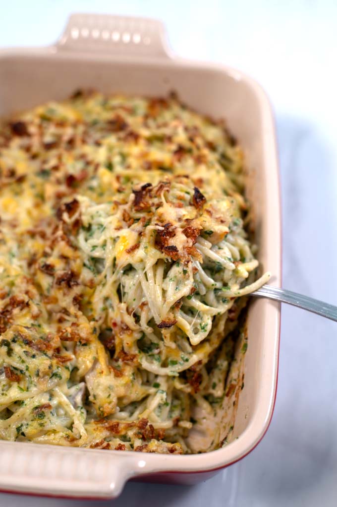 Closeup on Monterey Jack Chicken Casserole.