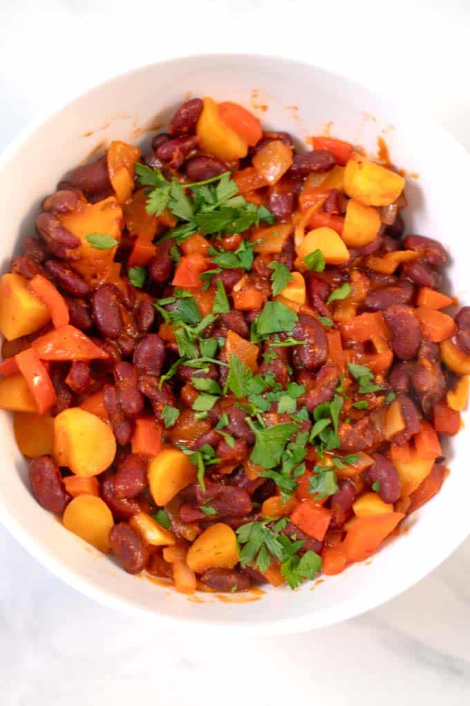 Puerto Rican Beans in a white serving bowl.
