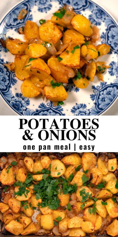 Collage of two photos of oven-roasted potatoes and onions with recipe title text.