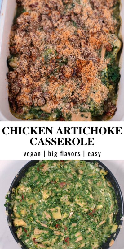 Collage of two photos of Chicken Artichoke Casserole with recipe title text.