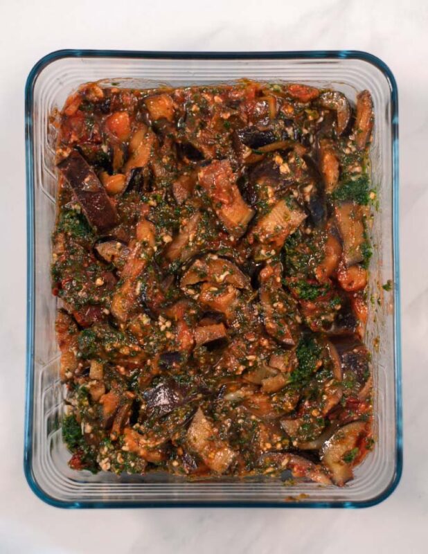 Eggplant Casserole in the bakig dish before baking.