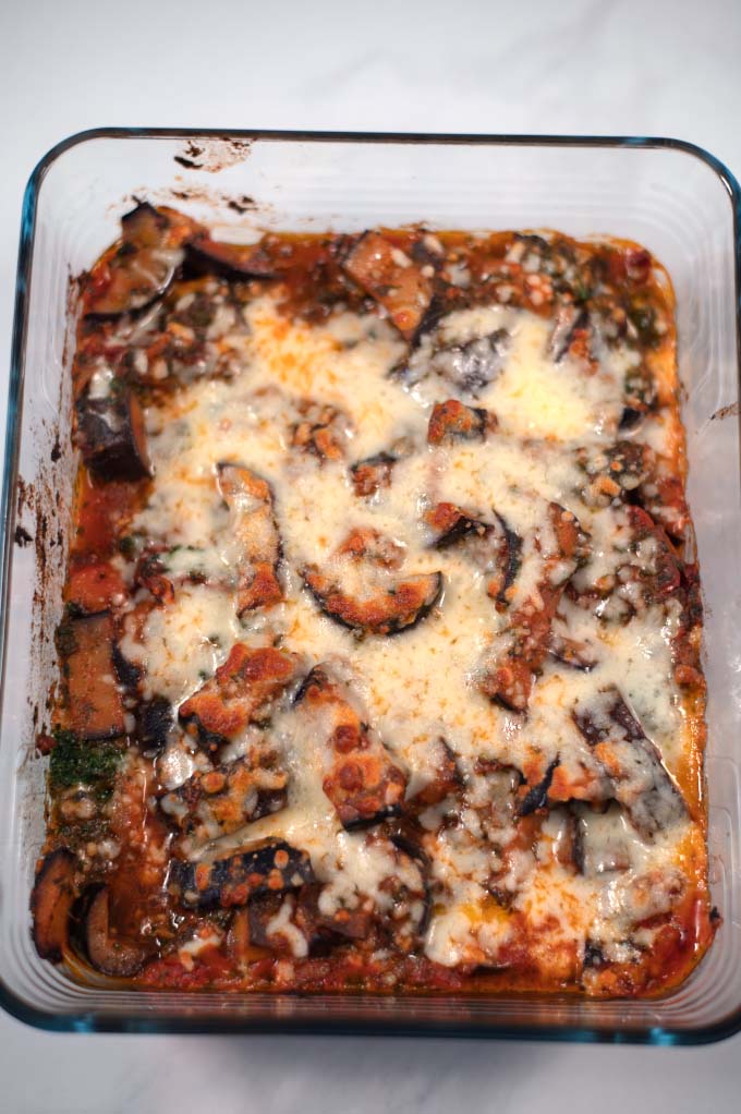 Baked Eggplant Casserole with vegan cheese topping.