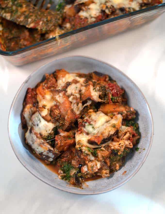 Closeup on a serving of eggplant casserole.