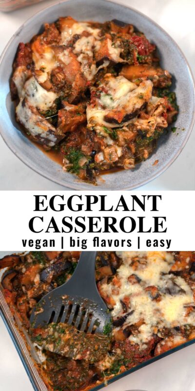 Collage of two photos of eggplant casserole with recipe title text.