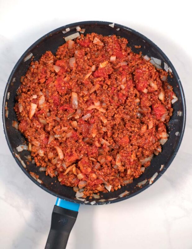 Tomato beef mixture for the casserole.