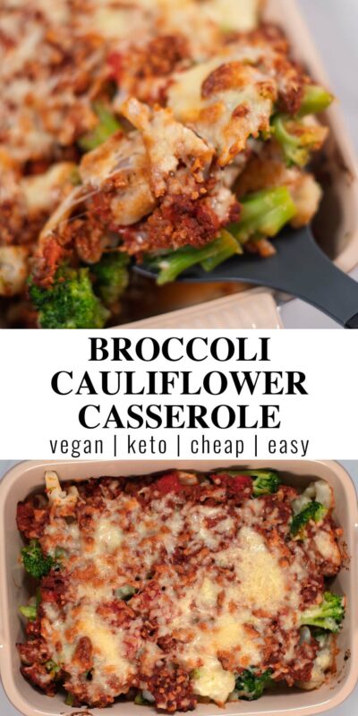 Collage of two photos of Keto Broccoli Cauliflower Casserole with recipe title text.