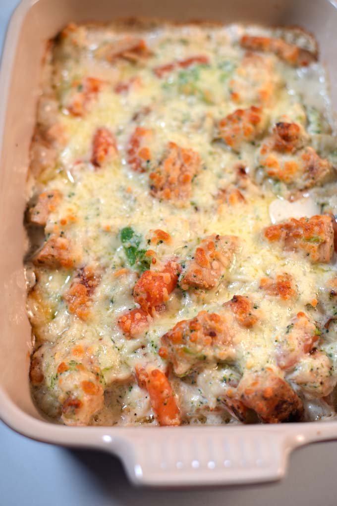Closeup on Keto Chicken Vegetable Casserole.