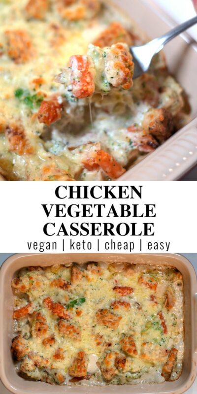 Collage of two photos of Keto Chicken Vegetable Casserole with recipe title text.