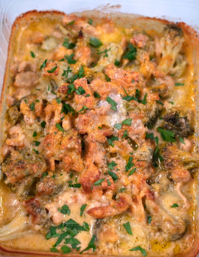 Closeup of baked Ranch Chicken Casserole.