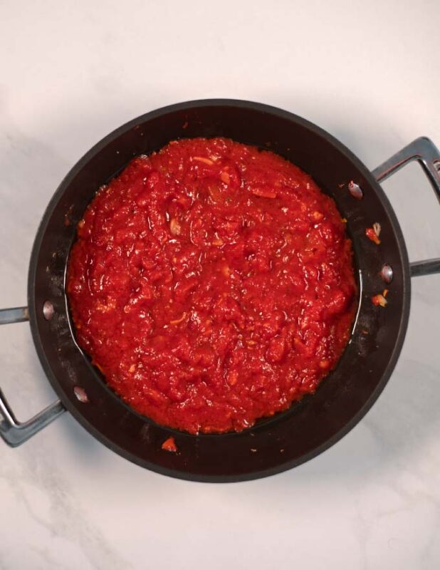 View of the combined tomato base for the Ravioli Sauce.