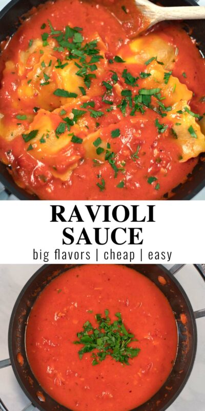 Collage of two photos showing Ravioli Sauce with recipe title text.