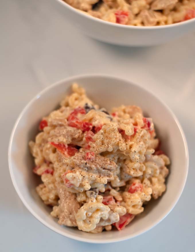 Closeup on a serving of Chicken Macaroni.