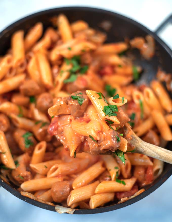 Closeup of a large spoon of Hot Dog Pasta.