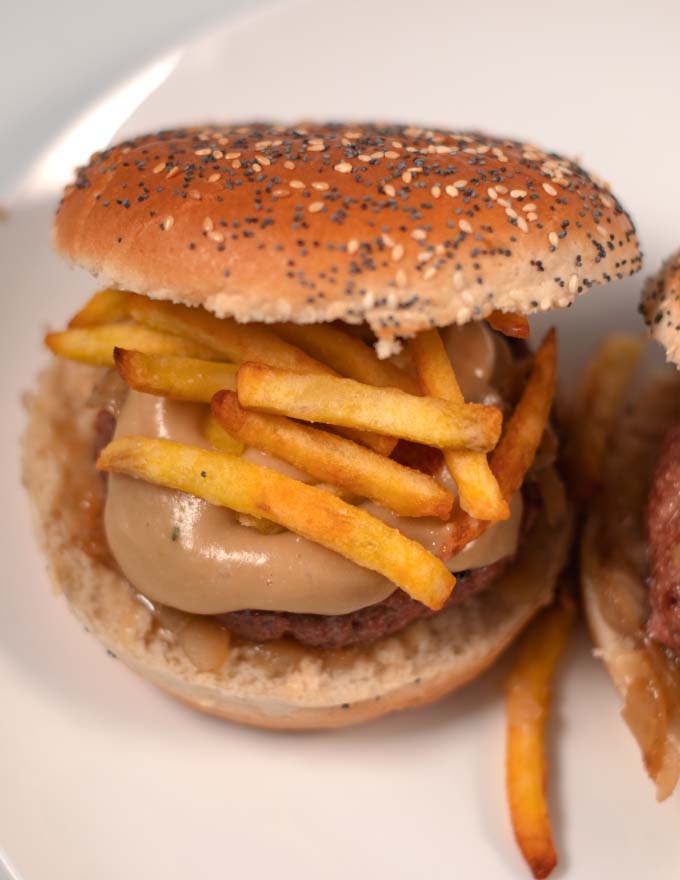 Closeup of a single Hot Hamburg sandwich.