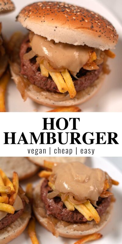 Collage of two photos showinh Hot Hamburgers with recipe title text.