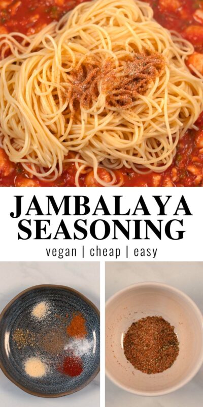 Collage of two photos of Jambalaya Seasoning with recipe title text.
