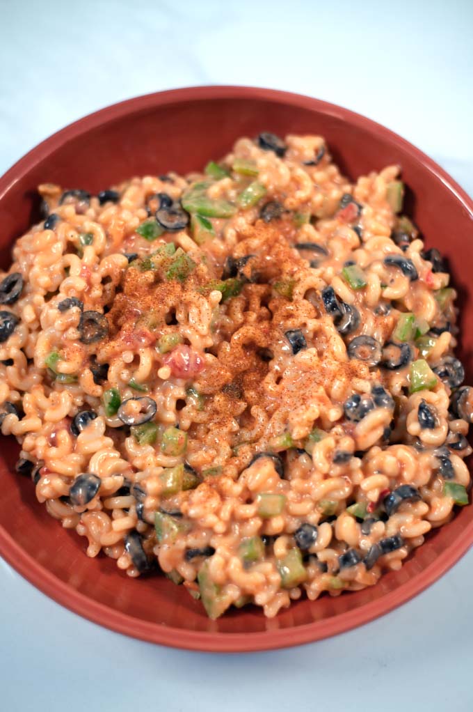 Closeup of a serving of Mexican Macaroni Salad.