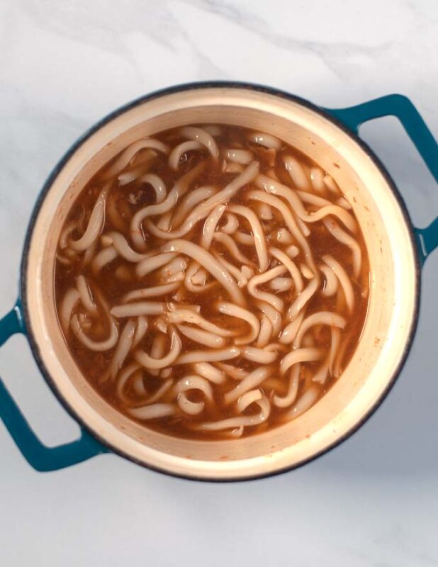 Udon noodles are given to a pot with broth.