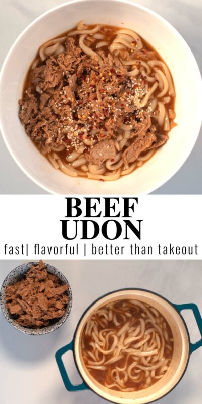Collage of two photos of Beef Udon with recipe title text.
