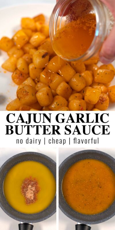 Collage of two photos of Cajun Garlic Butter Sauce with recipe title text.