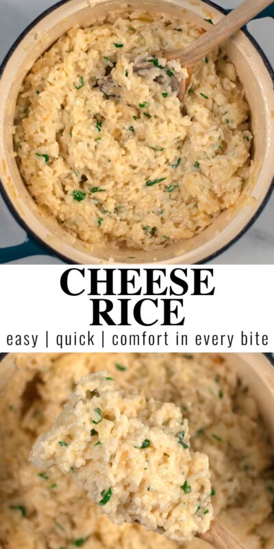 Collage of two photos of Cheese Rice with recipe title text.