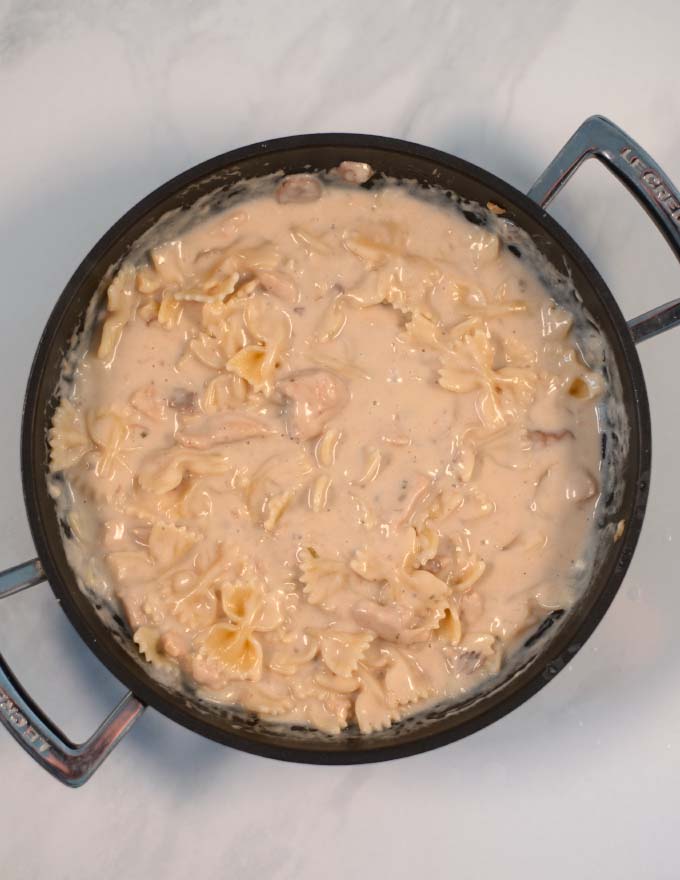 View of Cream of Chicken with Pasta in a pan.
