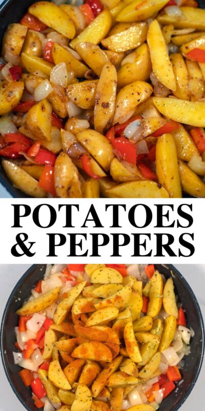 Collage of to photos of Potatoes with Peppers and Onions with recipe title text.