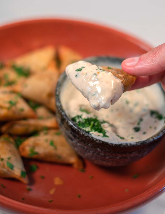 A samosa is dipped into the creamy sauce.