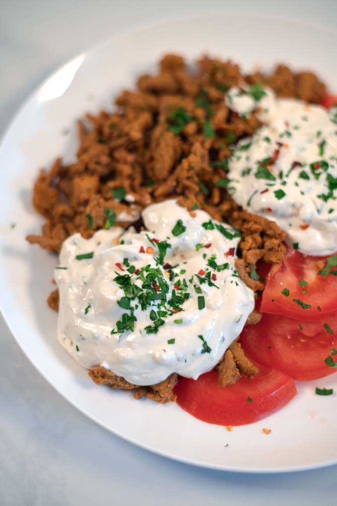 Closeup on a large dollop of Shawarma Sauce.