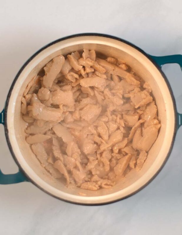 Vegan chicken is pre-cooked in a pot.